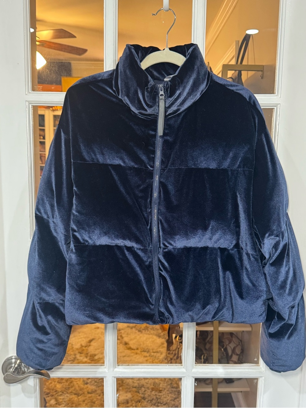 Fabletics Navy Velvet Puffer Jacket NWT super soft and cozy!!